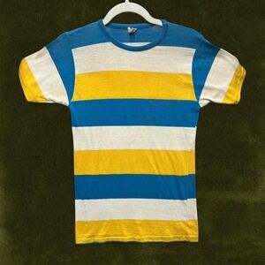 TRUE VINTAGE 1970s Striped Ringer Tee - Blue Yellow Cream - Size S